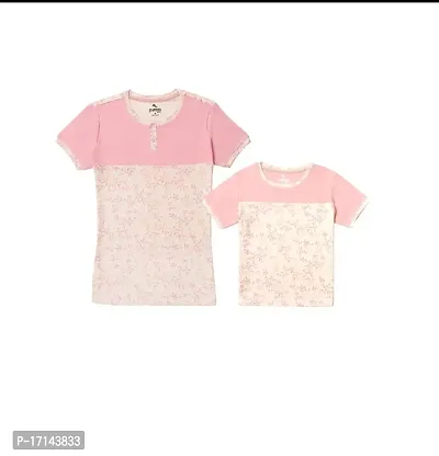 Aurora Shine - Mom Daughter Dress Pink Colour Cotton Floral Printed Regular Fit Color Block Style T-Shirt-thumb0