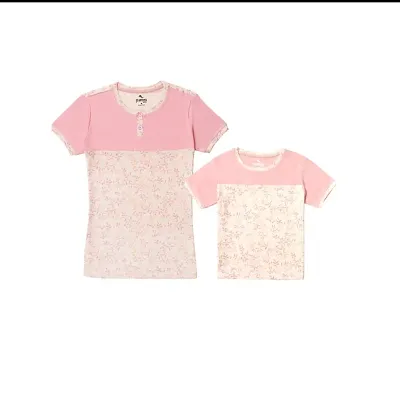 Aurora Shine - Mom Daughter Dress Pink Colour Cotton Floral Printed Regular Fit Color Block Style T-Shirt