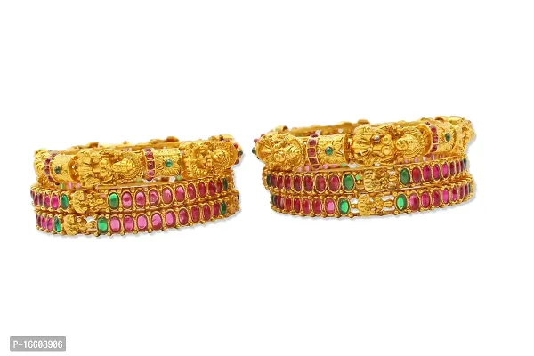 Gold Plated Bangles with dimond cut Colored Stones and Antique Lakshmi (Set of 6)