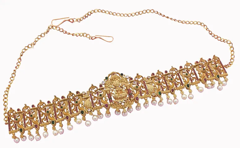 Chigold Gold-Plated moti Studded White drop Kamarband Belly-Chain Tagdi for Women