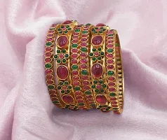 Gold Plated Colorful Stones Patterned Bangles (Set of 6)-thumb3