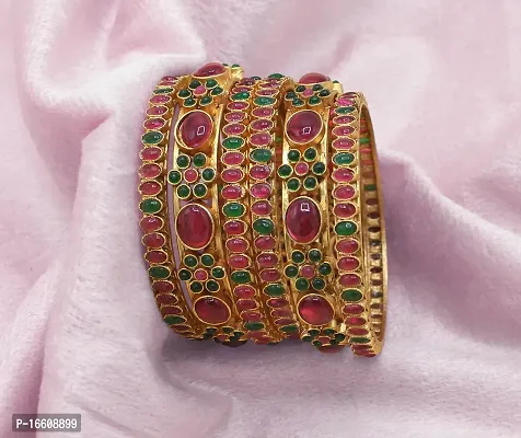 Gold Plated Colorful Stones Patterned Bangles (Set of 6)-thumb4