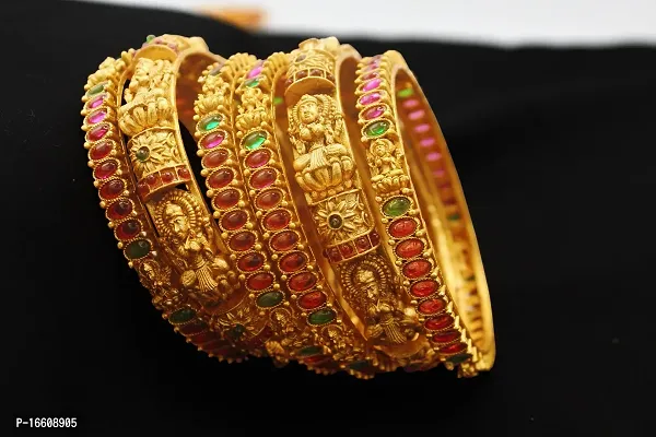 Gold Plated Bangles with dimond cut Colored Stones and Antique Lakshmi (Set of 6)-thumb3