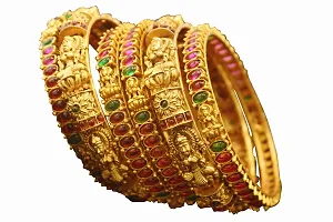 Gold Plated Bangles with dimond cut Colored Stones and Antique Lakshmi (Set of 6)-thumb1