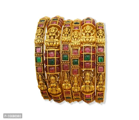 Gold Plated Bangles with dimond cut Colored Stones and Antique Lakshmi (Set of 6)