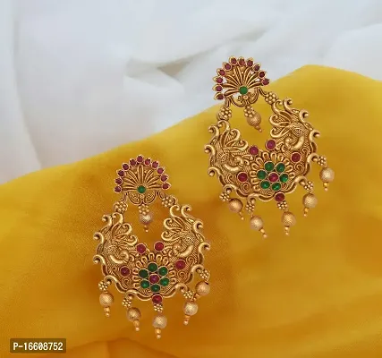 Chigold Gold Plated Peacock Inspired Antique Chandbali Earrings for Women and Girls-thumb5