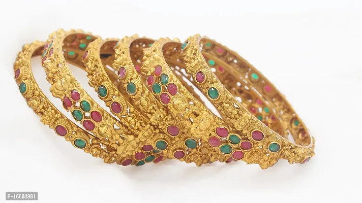 Gold Plated Patterned Bangles with Colored Stones and Antique Lakshmi (Set of 6)