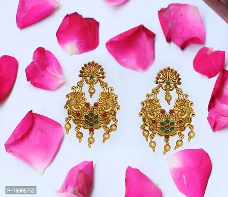 Chigold Gold Plated Peacock Inspired Antique Chandbali Earrings for Women and Girls-thumb2