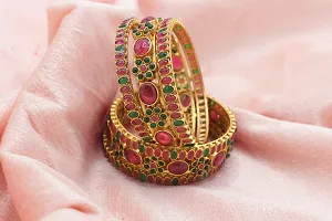 Gold Plated Colorful Stones Patterned Bangles (Set of 6)-thumb2