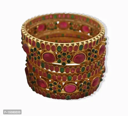 Gold Plated Colorful Stones Patterned Bangles (Set of 6)-thumb2