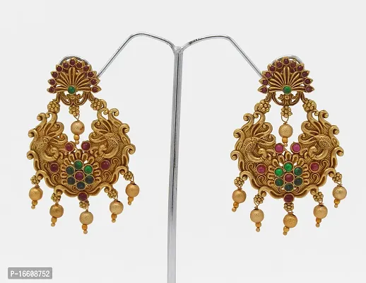 Chigold Gold Plated Peacock Inspired Antique Chandbali Earrings for Women and Girls-thumb3