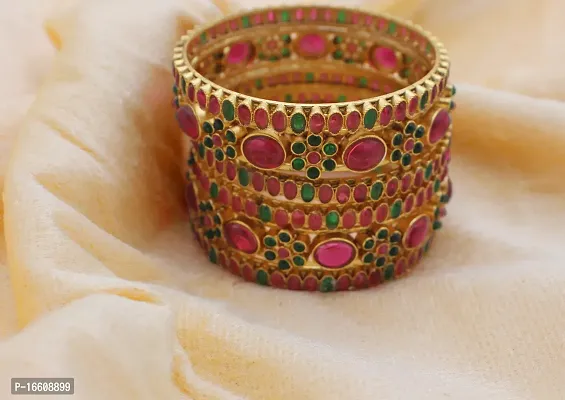 Gold Plated Colorful Stones Patterned Bangles (Set of 6)-thumb5