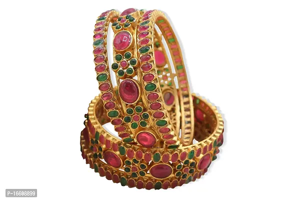 Gold Plated Colorful Stones Patterned Bangles (Set of 6)-thumb0