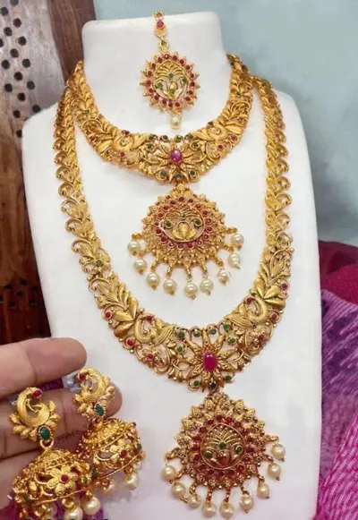 Traditional Wear Golden Brass Temple Jewellery Set