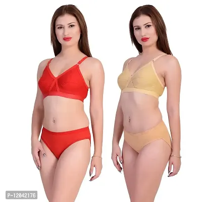 Achiever Latest Women's Cotton Bra and Panty Set | Beautiful Combo Gold, Red Lingerie Set