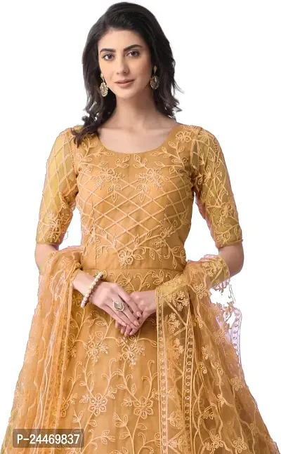 Elegant Yellow Embroidered Net Semi Stitched Gown with Dupatta For Women-thumb2