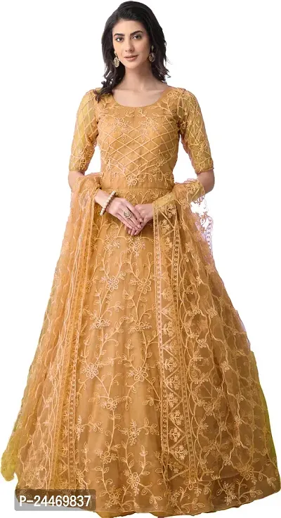 Elegant Yellow Embroidered Net Semi Stitched Gown with Dupatta For Women