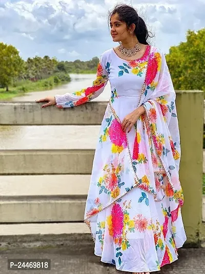 Elegant White Printed Georgette Stitched Gown with Dupatta For Women