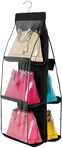 Everbuy? Hanging Handbag Purse Organizer Bags Dustproof Storage Bags Holder for Closet Wardrobe Door Space Saving Organizer System with 6 Large Clear Vinyl Pockets (Metal Hanger)(Black)