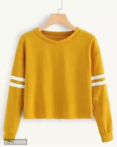 Elegant Mustard Cotton Lycra Striped T-Shirt For Women-thumb0