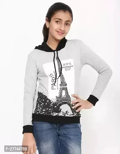 Stylish Grey Cotton Blend Long Sleeve Hoodie Neck T-Shirt For Girl-thumb0