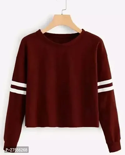 Elegant Maroon Cotton Lycra Striped T-Shirt For Women-thumb0