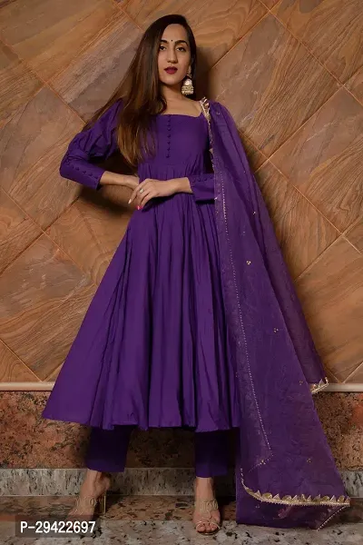 Stylish Purple Taffeta Silk Indo-Western Stitched Ethnic Gown With Dupatta And Bottom For Women
