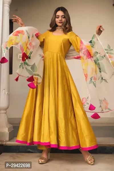 Stylish Yellow Taffeta Silk Indo-Western Stitched Ethnic Gown With Dupatta And Bottom For Women