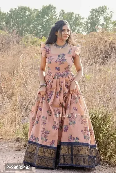 Stylish Peach Chanderi Cotton Woven Design Stitched Gown For Women