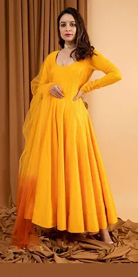 Elegant Mustard Taffeta Silk Woven Design Gown With Net Dupatta Set For Women-thumb2