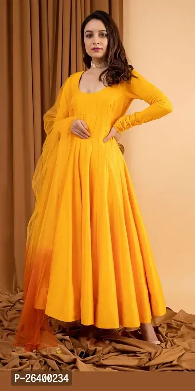 Elegant Mustard Taffeta Silk Woven Design Gown With Net Dupatta Set For Women-thumb3
