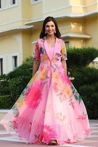 Stylish Pink Organza Woven Design Stitched Ethnic Gown For Women-thumb3