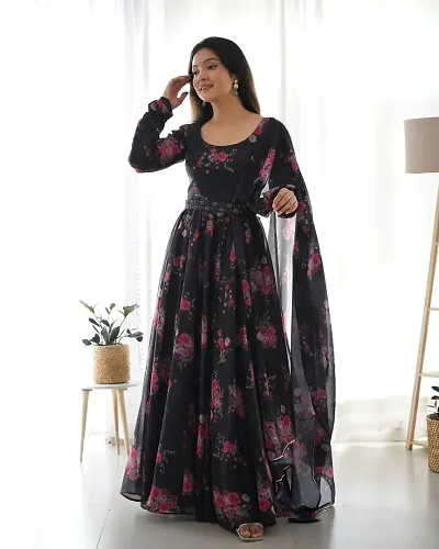 Bollywood Style Organza Ethnic Gowns with Dupatta Set