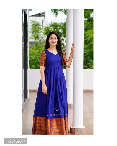 Stylish Blue Taffeta Silk Woven Design Ethnic Gown For Women