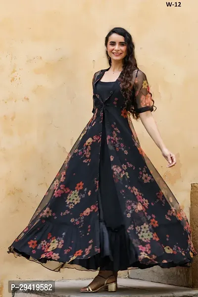 Stylish Black Organza Woven Design Stitched Ethnic Gown For Women