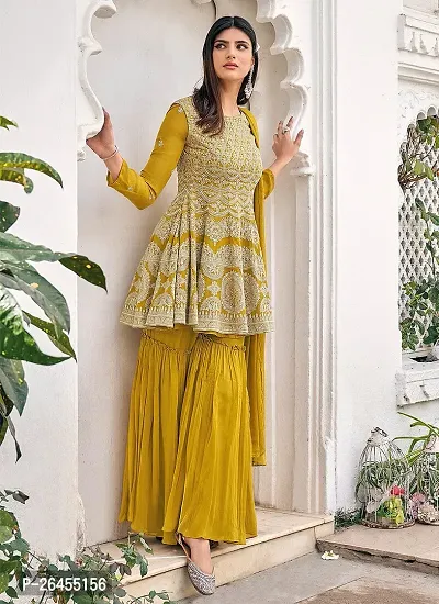 Elegant Georgette Mustard Woven Design 3/4 Sleeves Kurta With Sharara And Dupatta Set For Women-thumb0