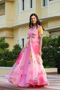 Stylish Pink Organza Woven Design Stitched Ethnic Gown For Women-thumb2