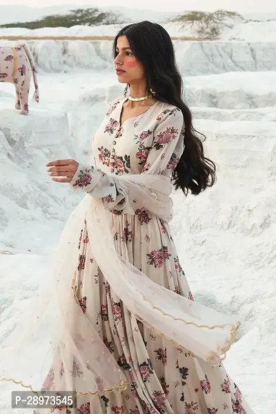 Stylish White Printed Georgette Gown With Dupatta For Women