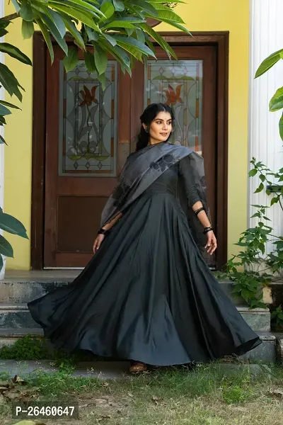 Stylish Grey Taffeta Silk Solid Ethnic Gown With Dupatta For Women
