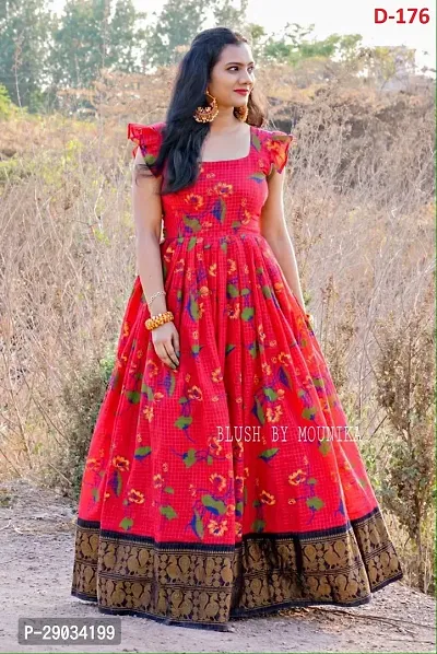 Attractive Red Printed Chanderi Cotton Gown For Women