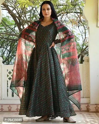 Stylish Green Georgette Stitched Gown With Dupatta For Women