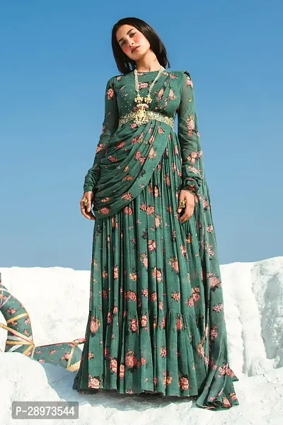 Stylish Green Printed Georgette Gown With Dupatta For Women