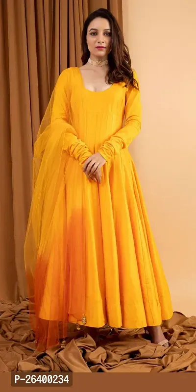 Elegant Mustard Taffeta Silk Woven Design Gown With Net Dupatta Set For Women-thumb0
