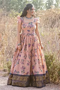 Elegant Pink Chanderi Cotton Woven Design Gown For Women-thumb1