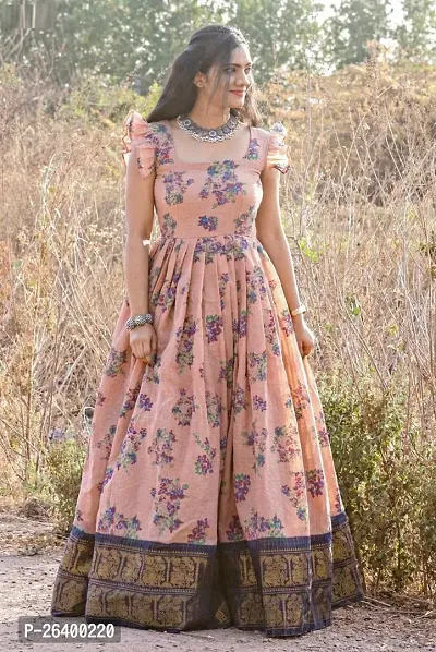 Elegant Pink Chanderi Cotton Woven Design Gown For Women-thumb2