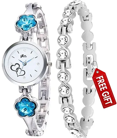 Acnos Flower Stone Diamond Bengle with Bracelet Watch for Girls and Women Pack of - 2