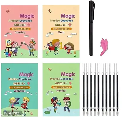 Magic book for kids Number amp; Letter Practice Copy Book Boys,Girls (4 Book+ 10 Refill + 1 Pen + 1 Grip)-thumb0