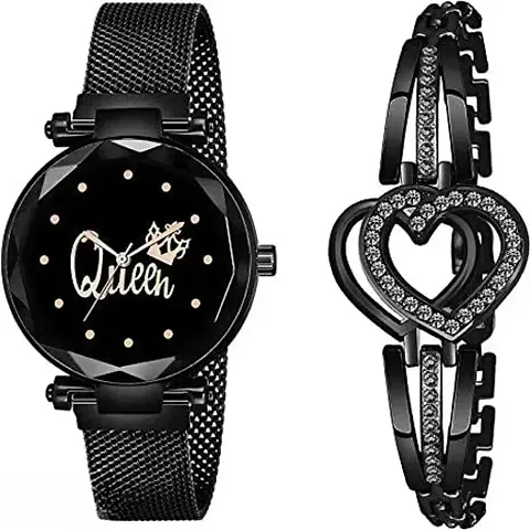 Scapper Metal Queen Magnet Strap Analogue Girls' Women's Watch with Bracelet-9073 (Black)