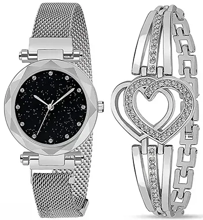 Diamond Studded Dial Magnetic Mesh Strap Analog Watch With Free Gift Heart Bracelet Only For You