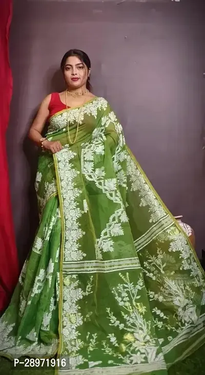 Beautiful Green Cotton Silk Printed Saree Without Blouse Piece For Women-thumb0